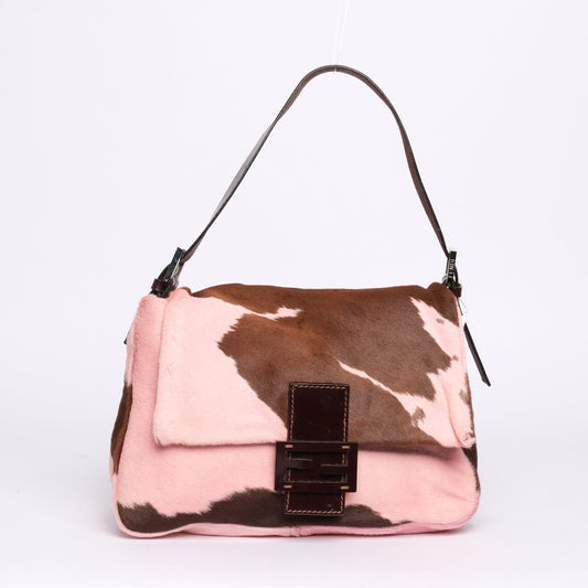 Fendi Pink & Brown Pony-Hair Cow Printed Mamma Baguette