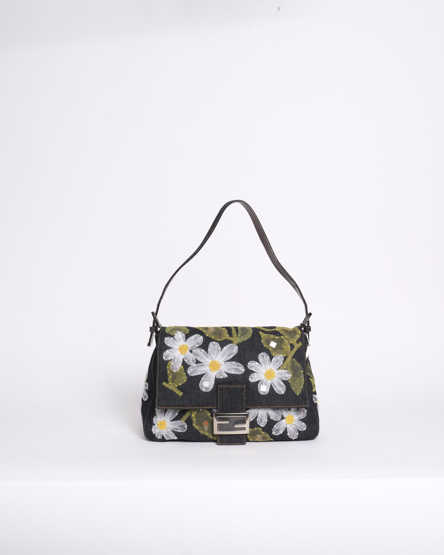 Fendi Denim Floral Embroidered Mamma Baguette Shoulder Bag