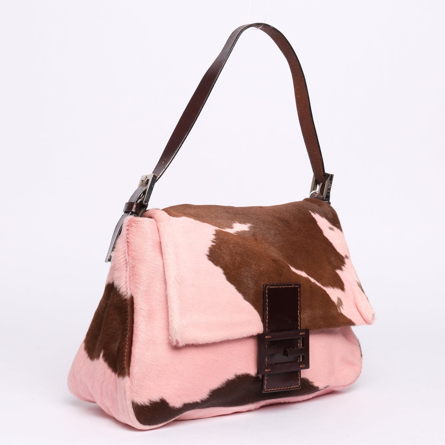 Fendi Pink & Brown Pony-Hair Cow Printed Mamma Baguette