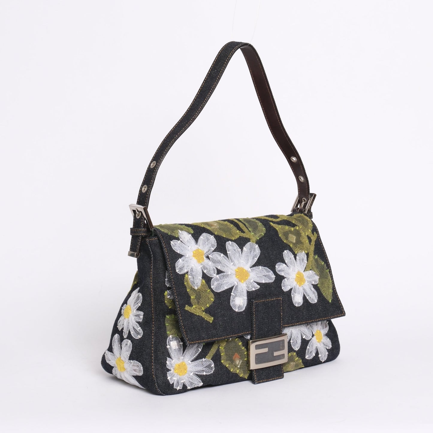 Fendi Denim Floral Embroidered Mamma Baguette Shoulder Bag
