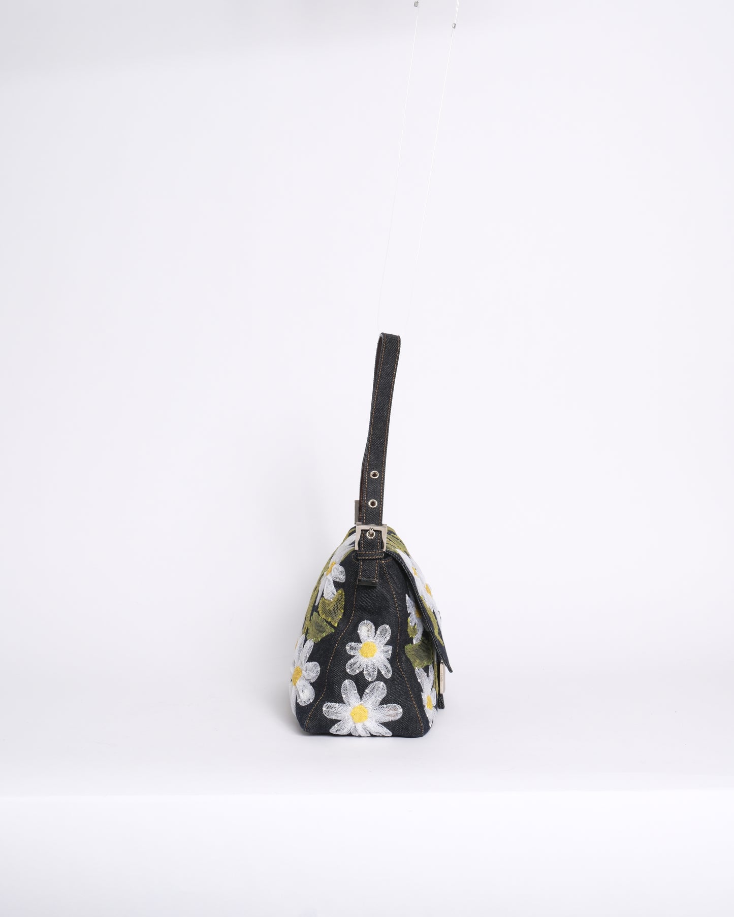 Fendi Denim Floral Embroidered Mamma Baguette Shoulder Bag
