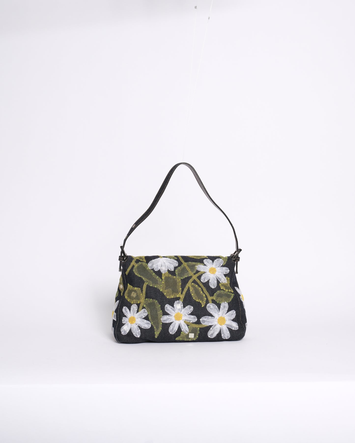 Fendi Denim Floral Embroidered Mamma Baguette Shoulder Bag