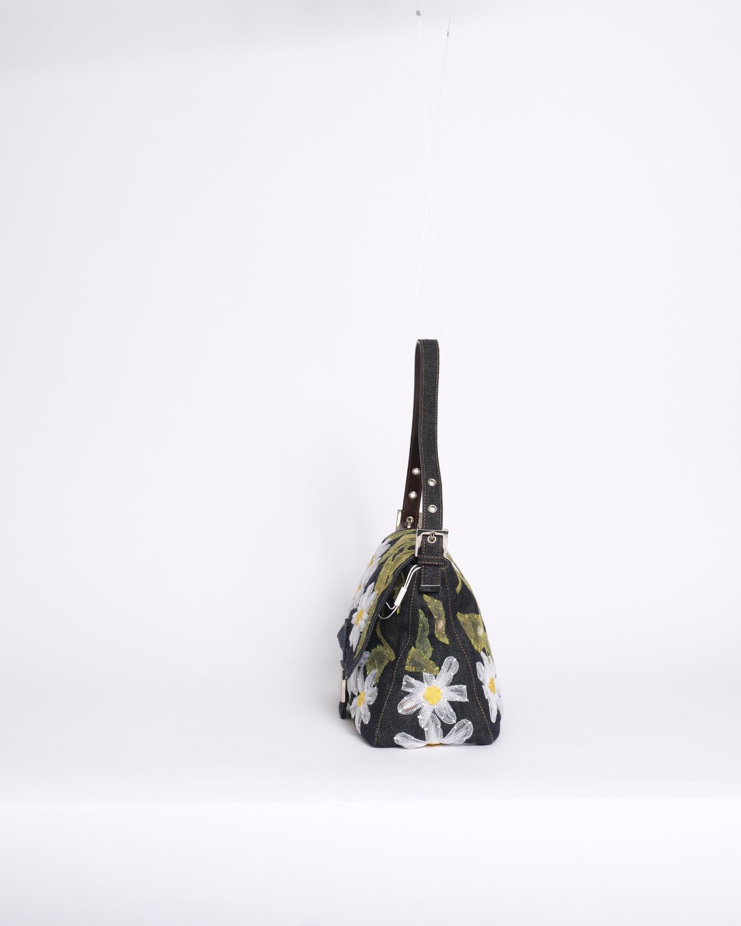 Fendi Denim Floral Embroidered Mamma Baguette Shoulder Bag