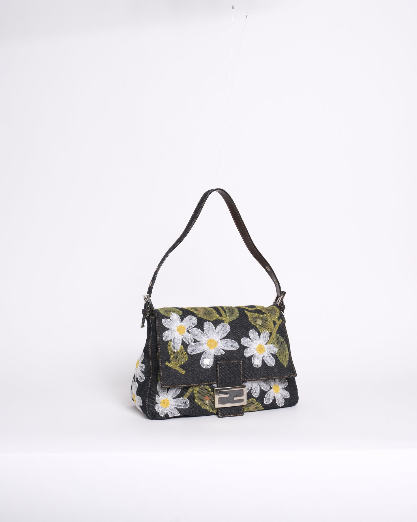 Fendi Denim Floral Embroidered Mamma Baguette Shoulder Bag