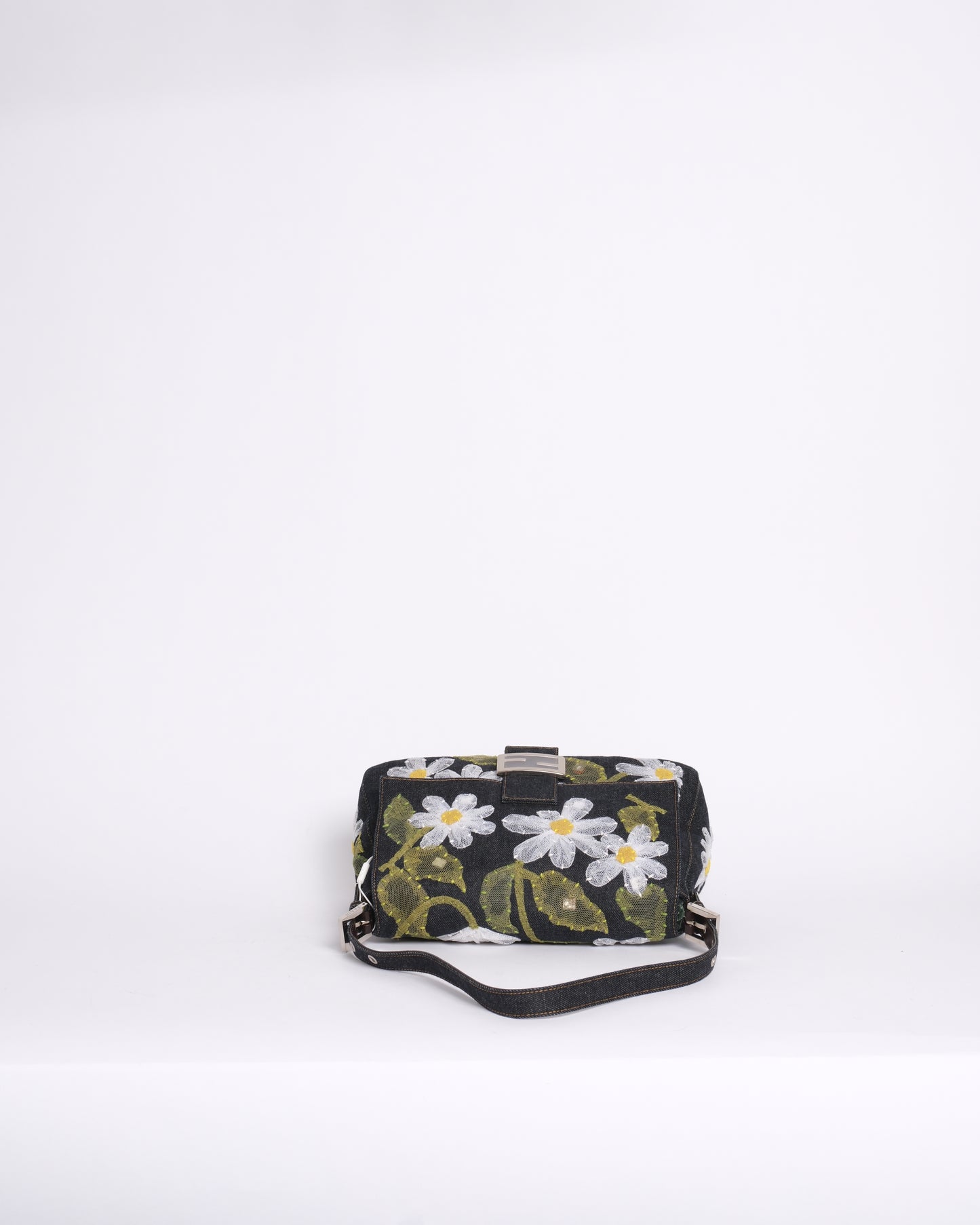 Fendi Denim Floral Embroidered Mamma Baguette Shoulder Bag
