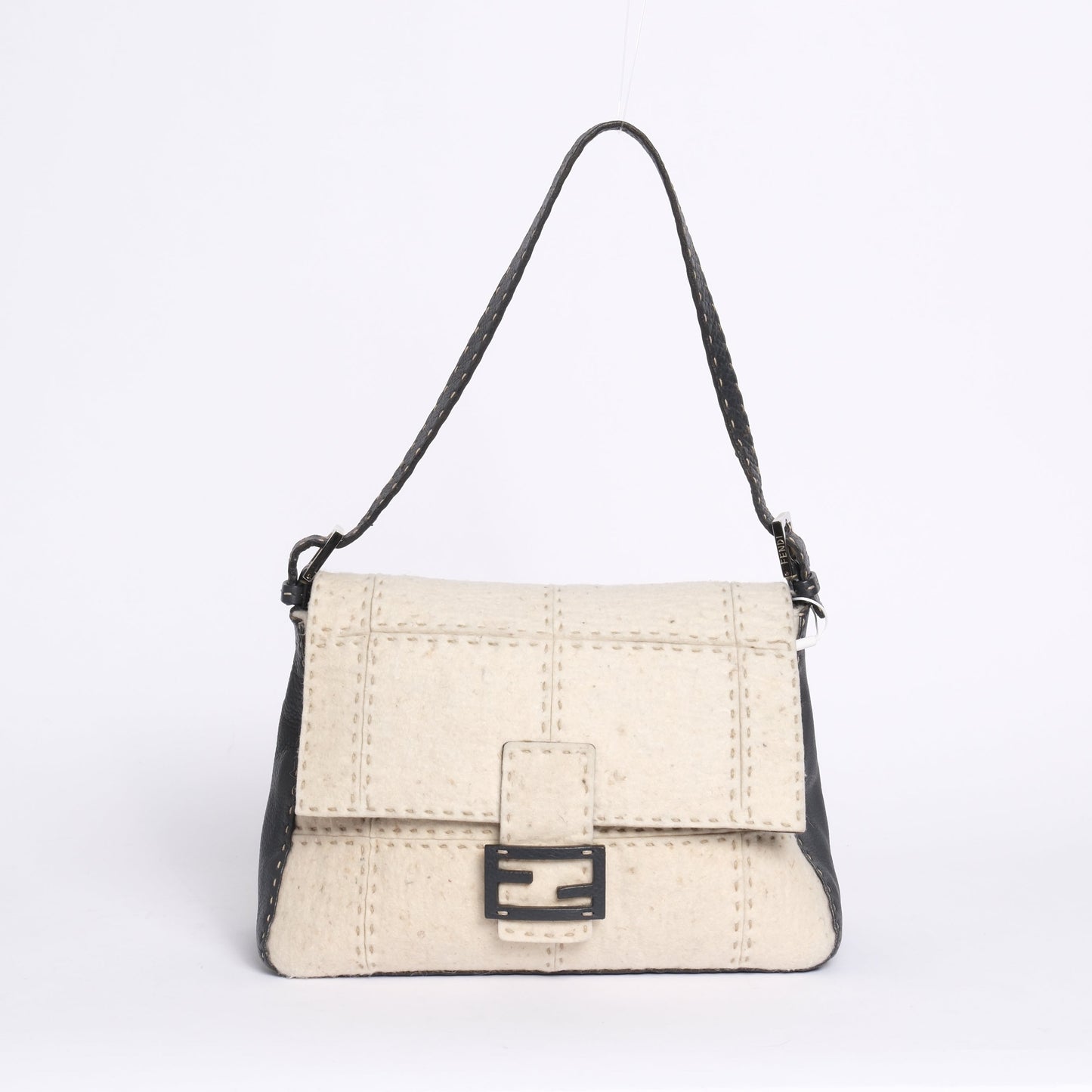 Fendi Ivory & Gray Wool & Leather Stitch Mamma Baguette