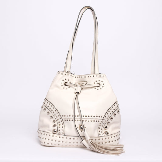 Prada Western White Leather Studded Drawstring Bucket Tote Bag
