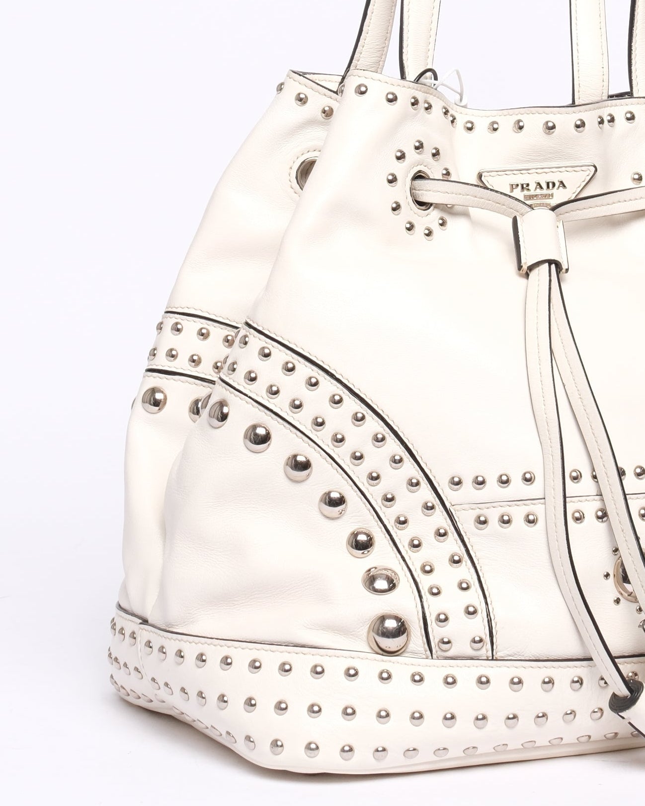 Prada Western White Leather Studded Drawstring Bucket Tote Bag