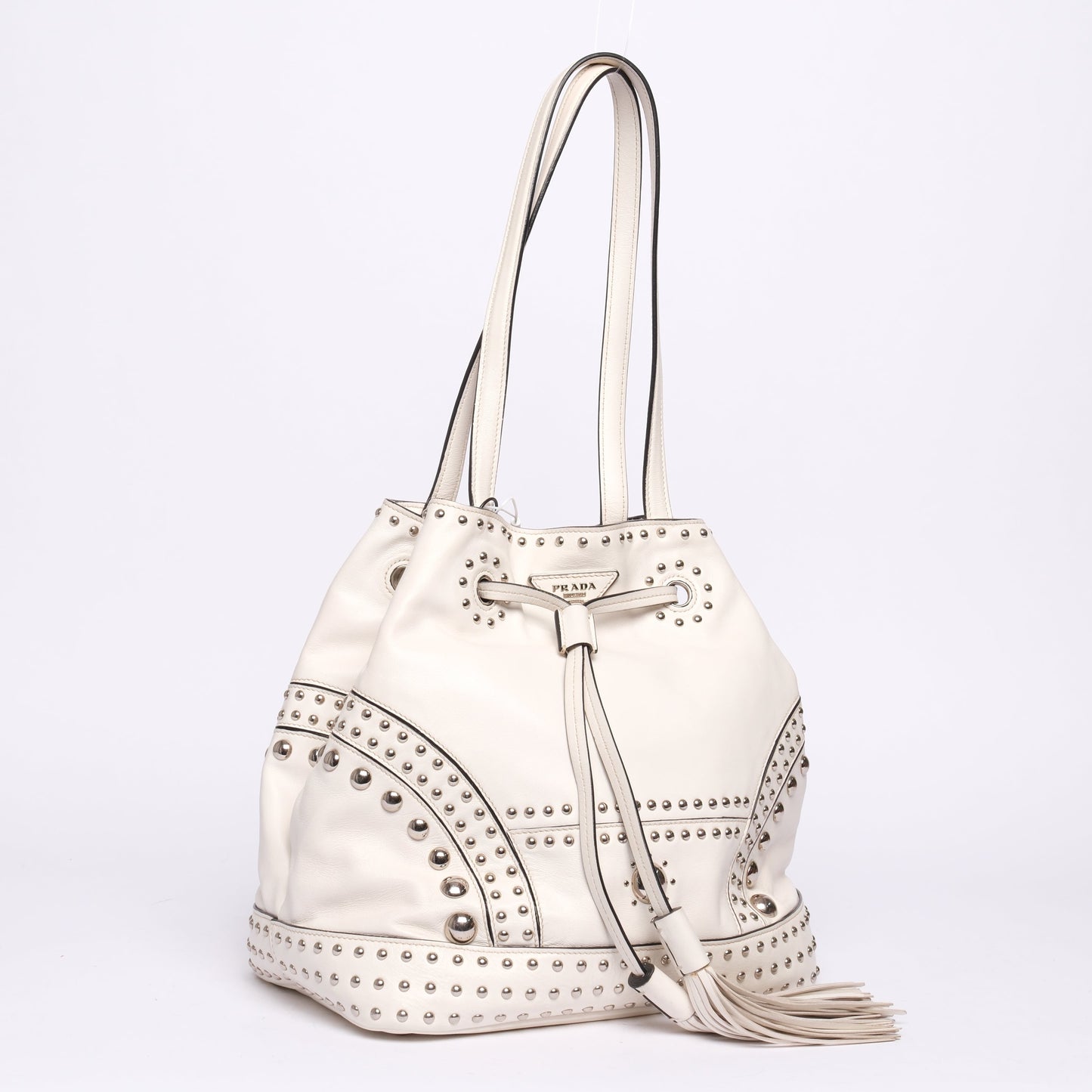 Prada Western White Leather Studded Drawstring Bucket Tote Bag