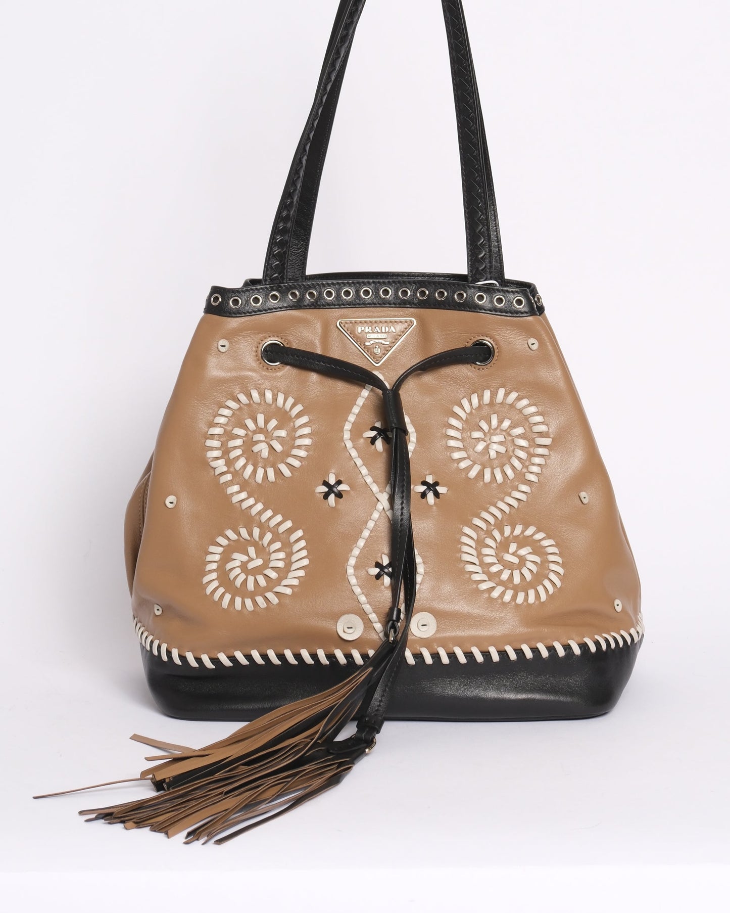 RARE Prada Brown & Black Embroidered Fringe Drawstring Bucket Bag