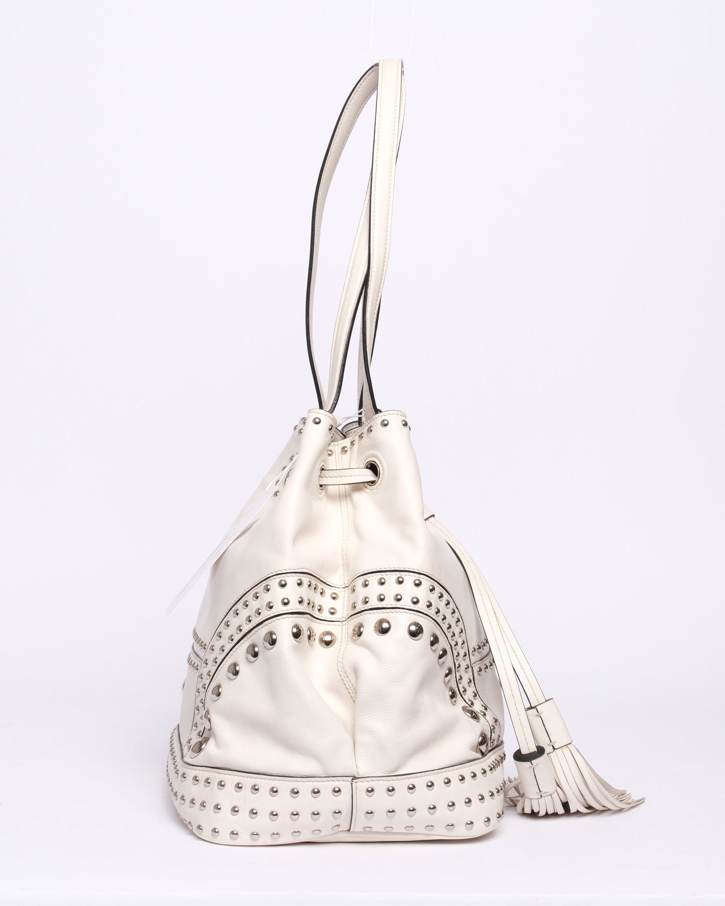 Prada Western White Leather Studded Drawstring Bucket Tote Bag