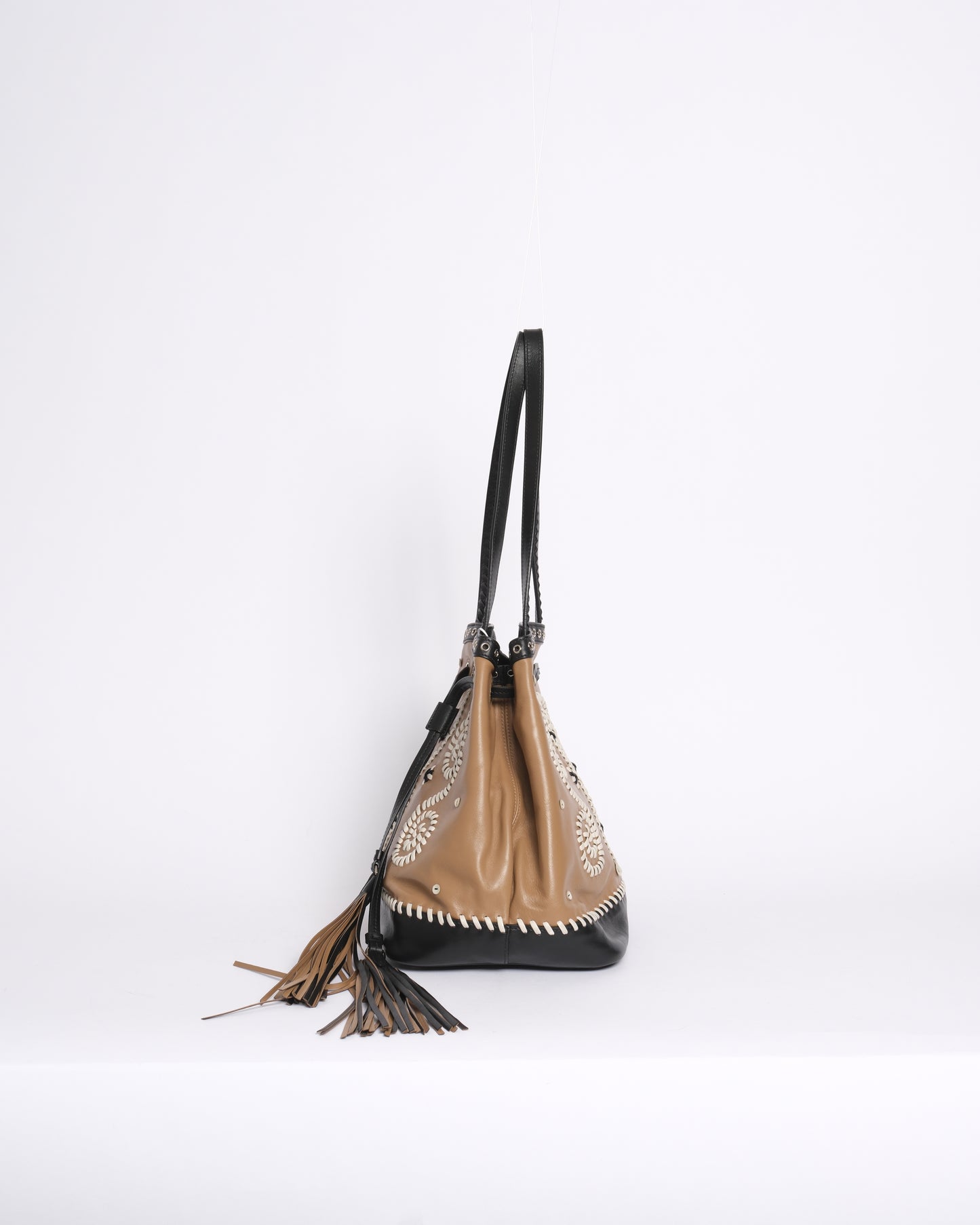 RARE Prada Brown & Black Embroidered Fringe Drawstring Bucket Bag