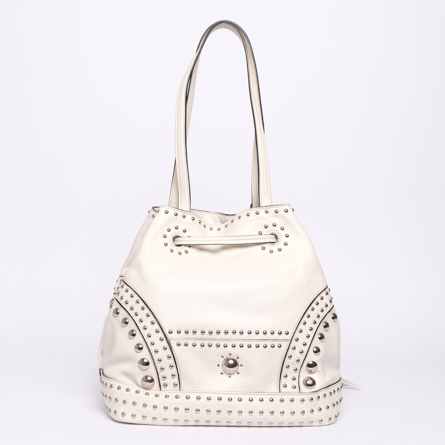 Prada Western White Leather Studded Drawstring Bucket Tote Bag