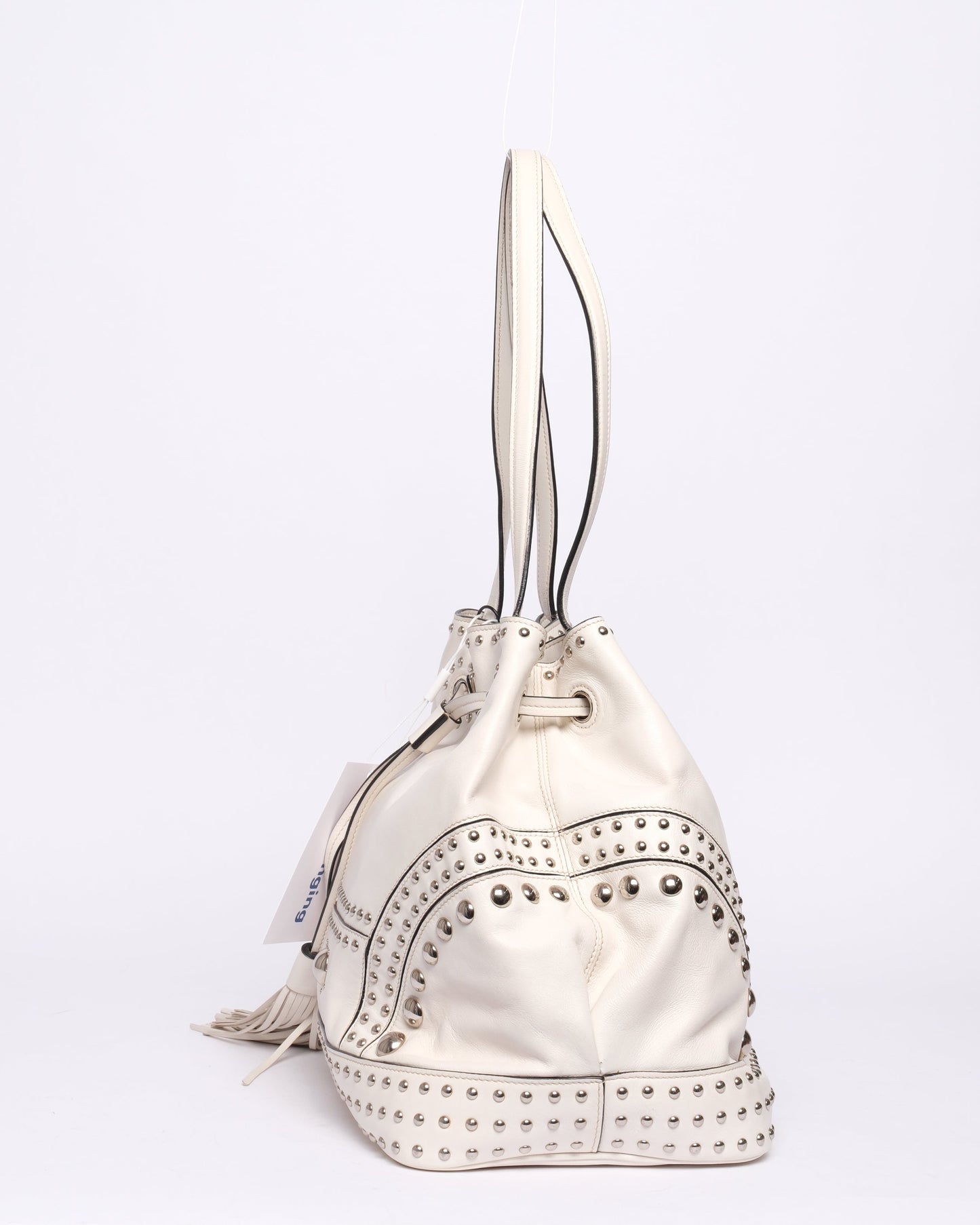 Prada Western White Leather Studded Drawstring Bucket Tote Bag