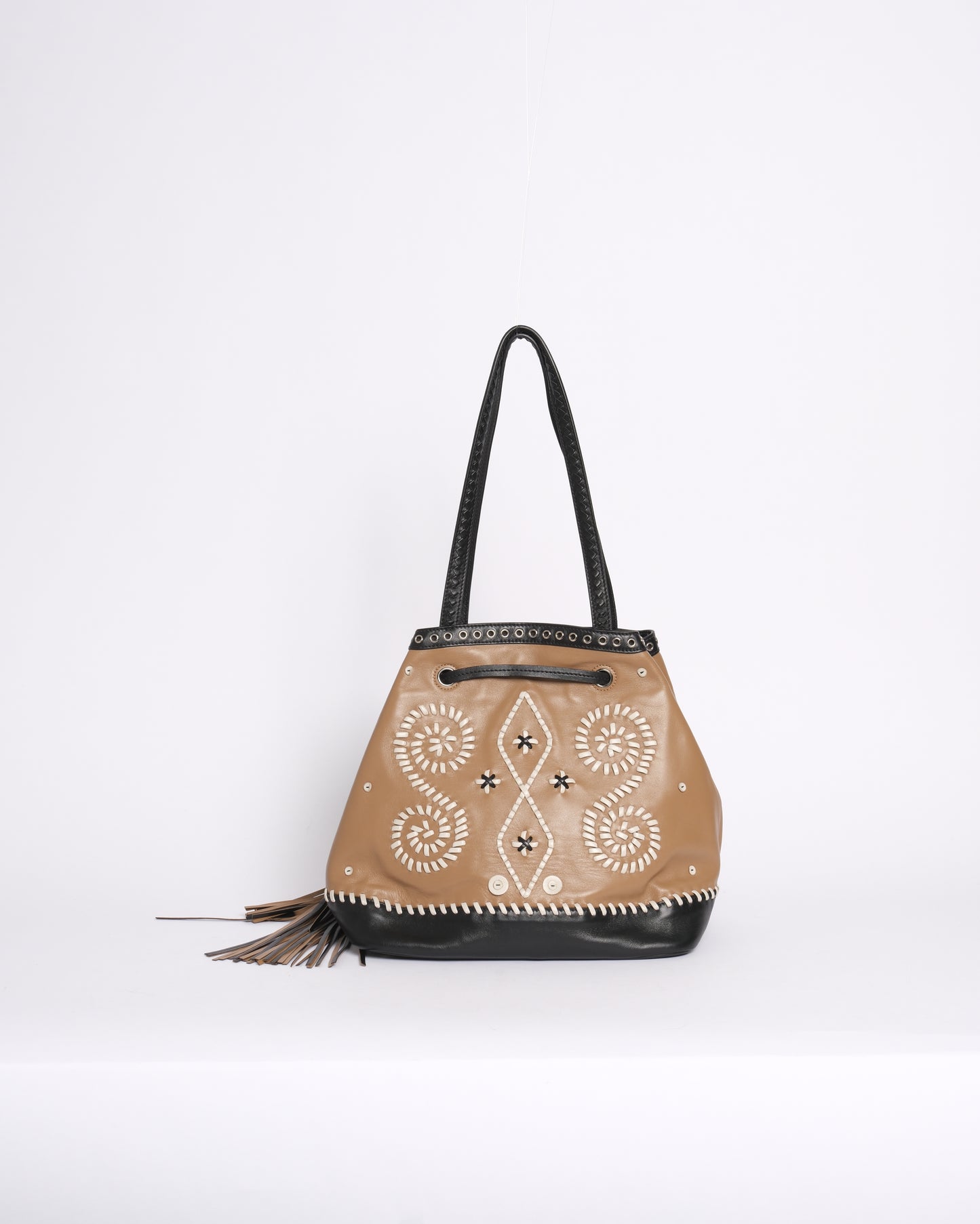 RARE Prada Brown & Black Embroidered Fringe Drawstring Bucket Bag