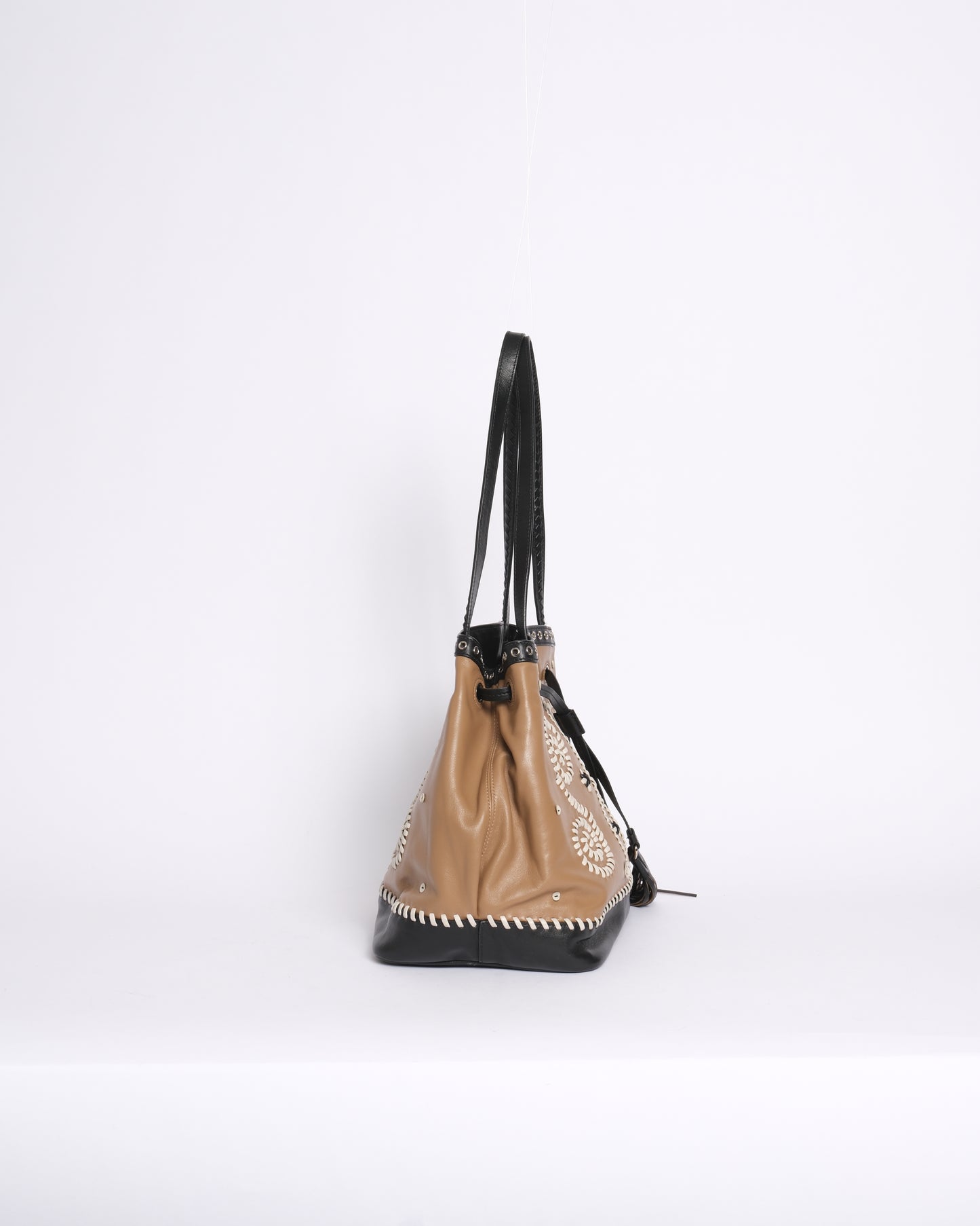 RARE Prada Brown & Black Embroidered Fringe Drawstring Bucket Bag