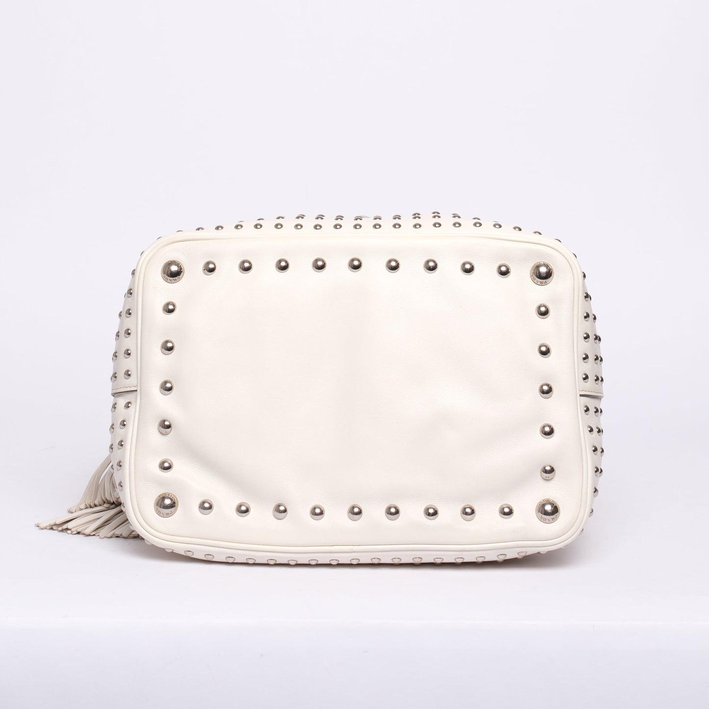 Prada Western White Leather Studded Drawstring Bucket Tote Bag