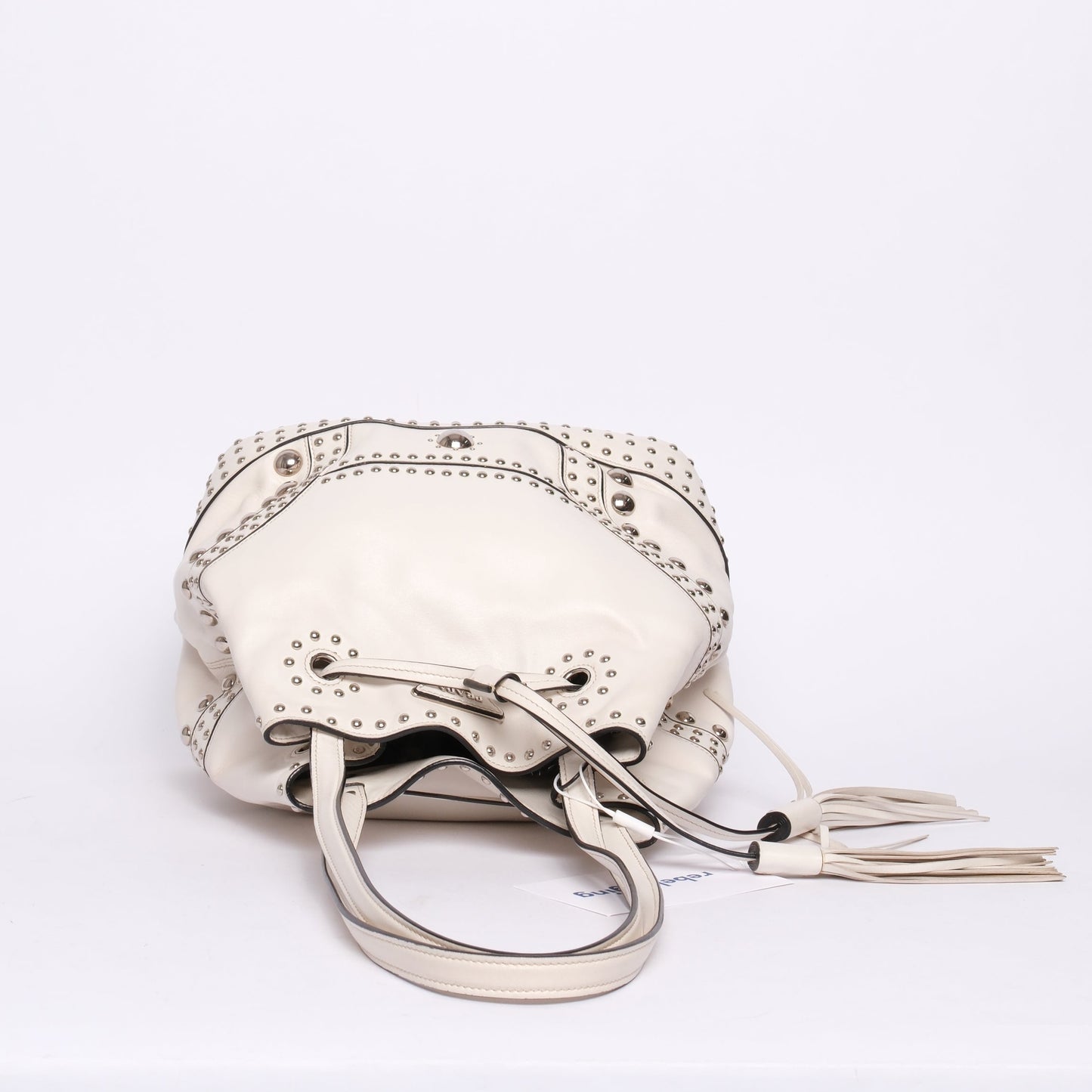 Prada Western White Leather Studded Drawstring Bucket Tote Bag