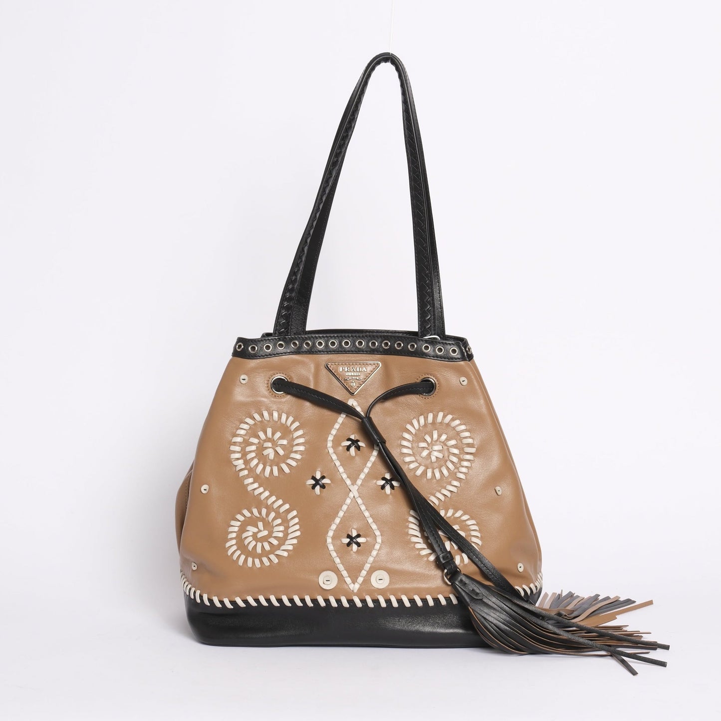 RARE Prada Brown & Black Embroidered Fringe Drawstring Bucket Bag
