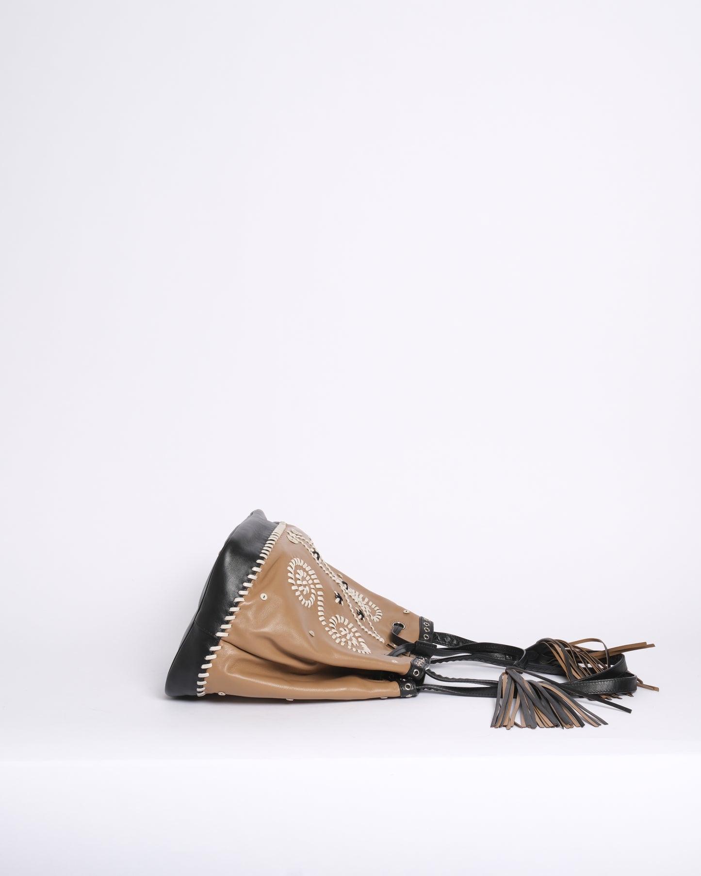 RARE Prada Brown & Black Embroidered Fringe Drawstring Bucket Bag