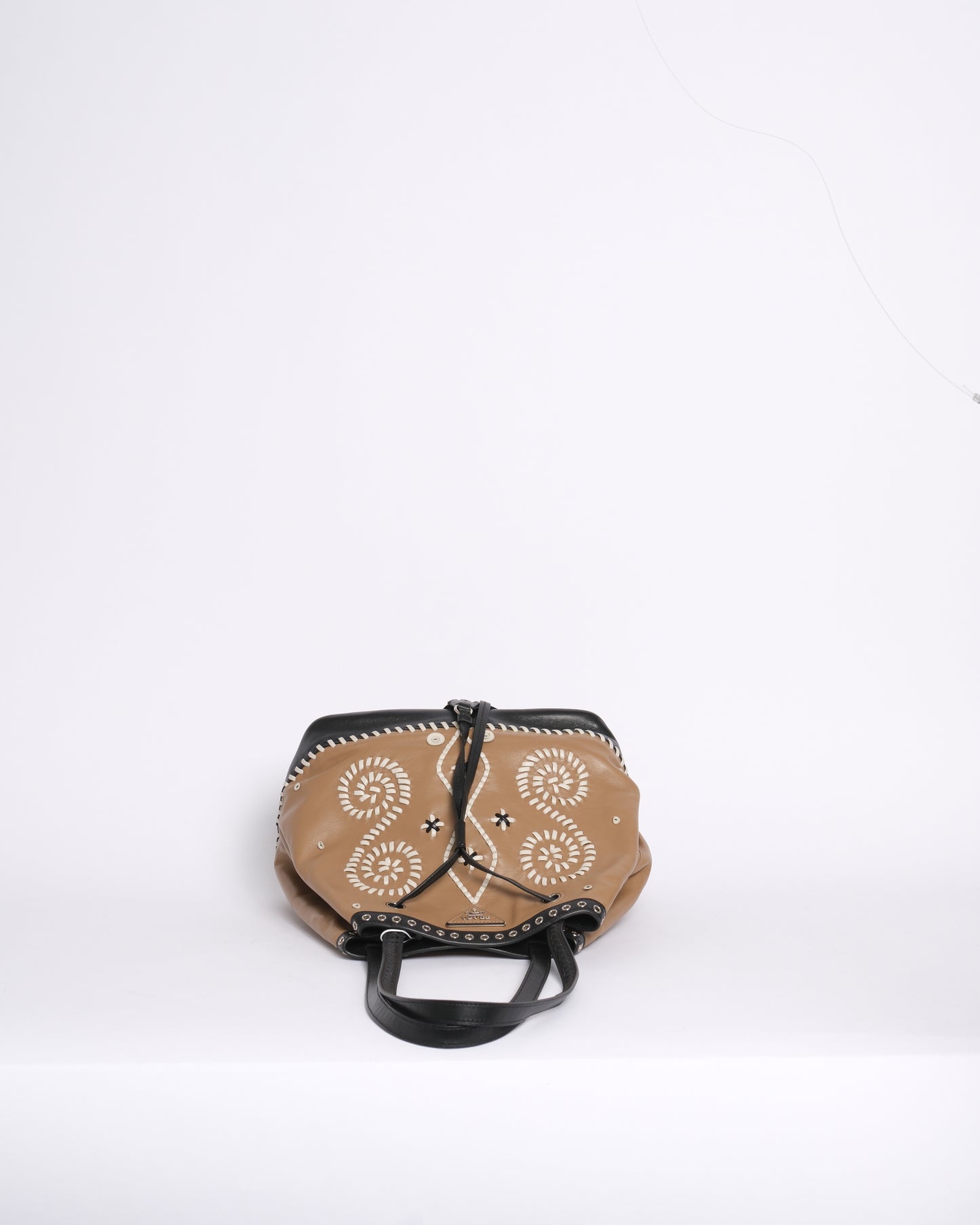 RARE Prada Brown & Black Embroidered Fringe Drawstring Bucket Bag