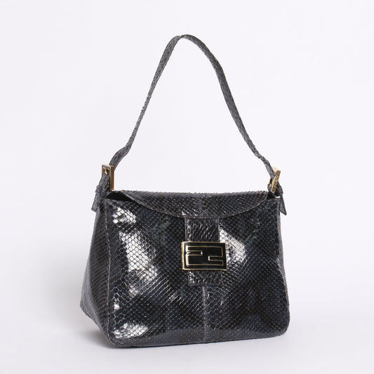 Fendi Black Python Leather Rounded Mamma Baguette