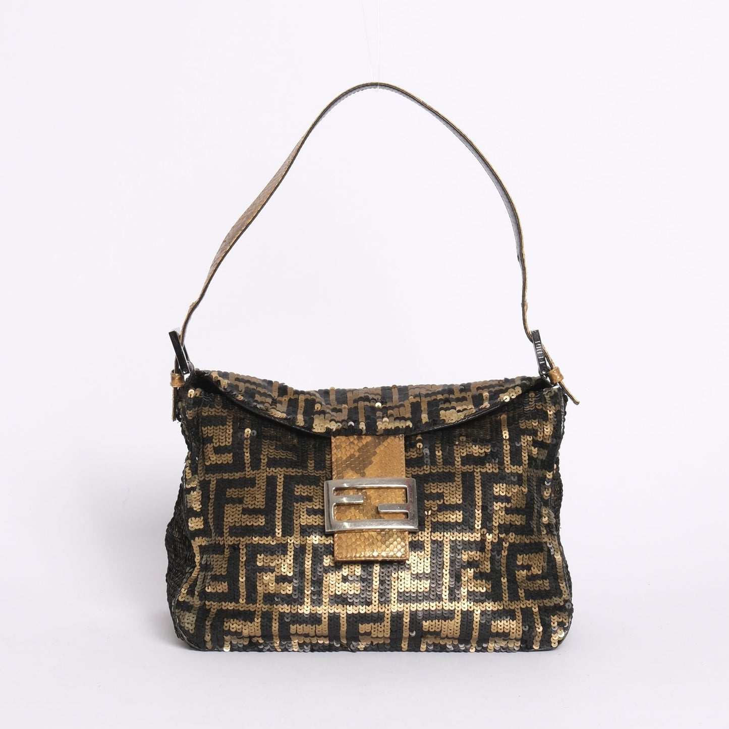 RARE Fendi Black & Gold Sequin Zucca Rounded Mamma Baguette Shoulder Bag