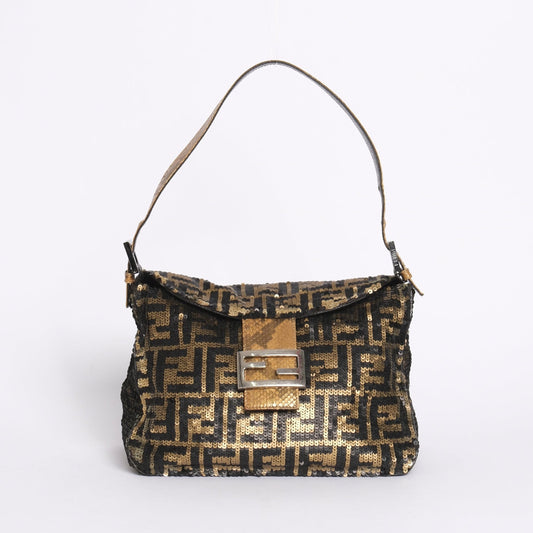 RARE Fendi Black & Gold Sequin Zucca Rounded Mamma Baguette Shoulder Bag