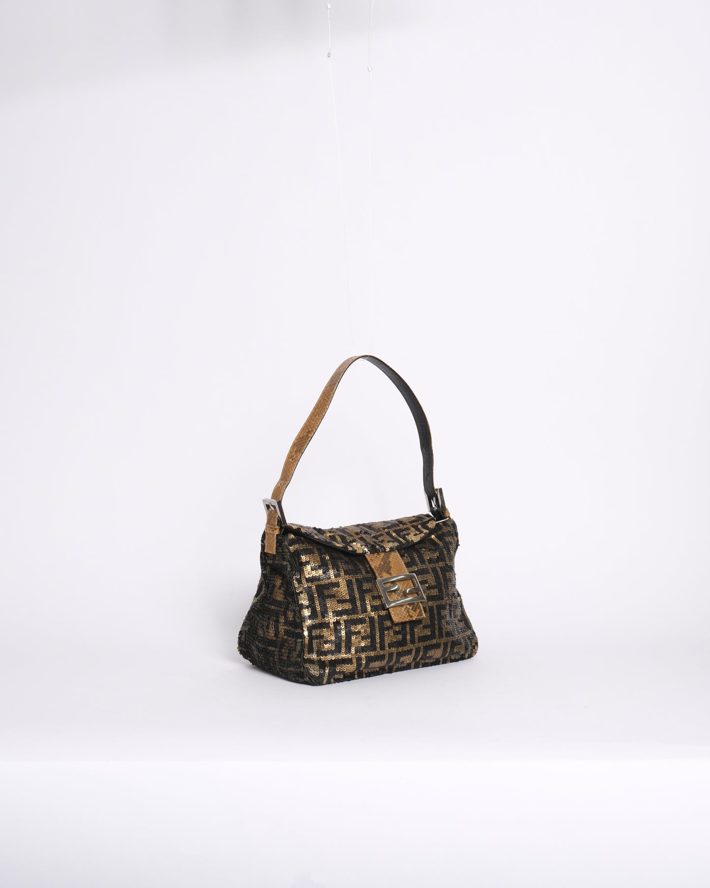 RARE Fendi Black & Gold Sequin Zucca Rounded Mamma Baguette Shoulder Bag