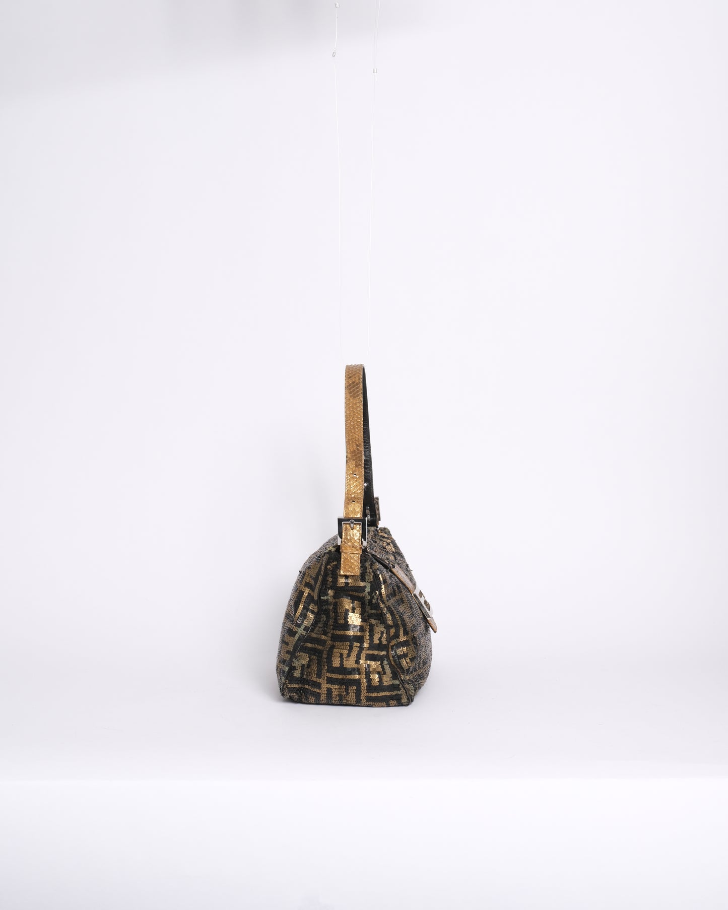 RARE Fendi Black & Gold Sequin Zucca Rounded Mamma Baguette Shoulder Bag