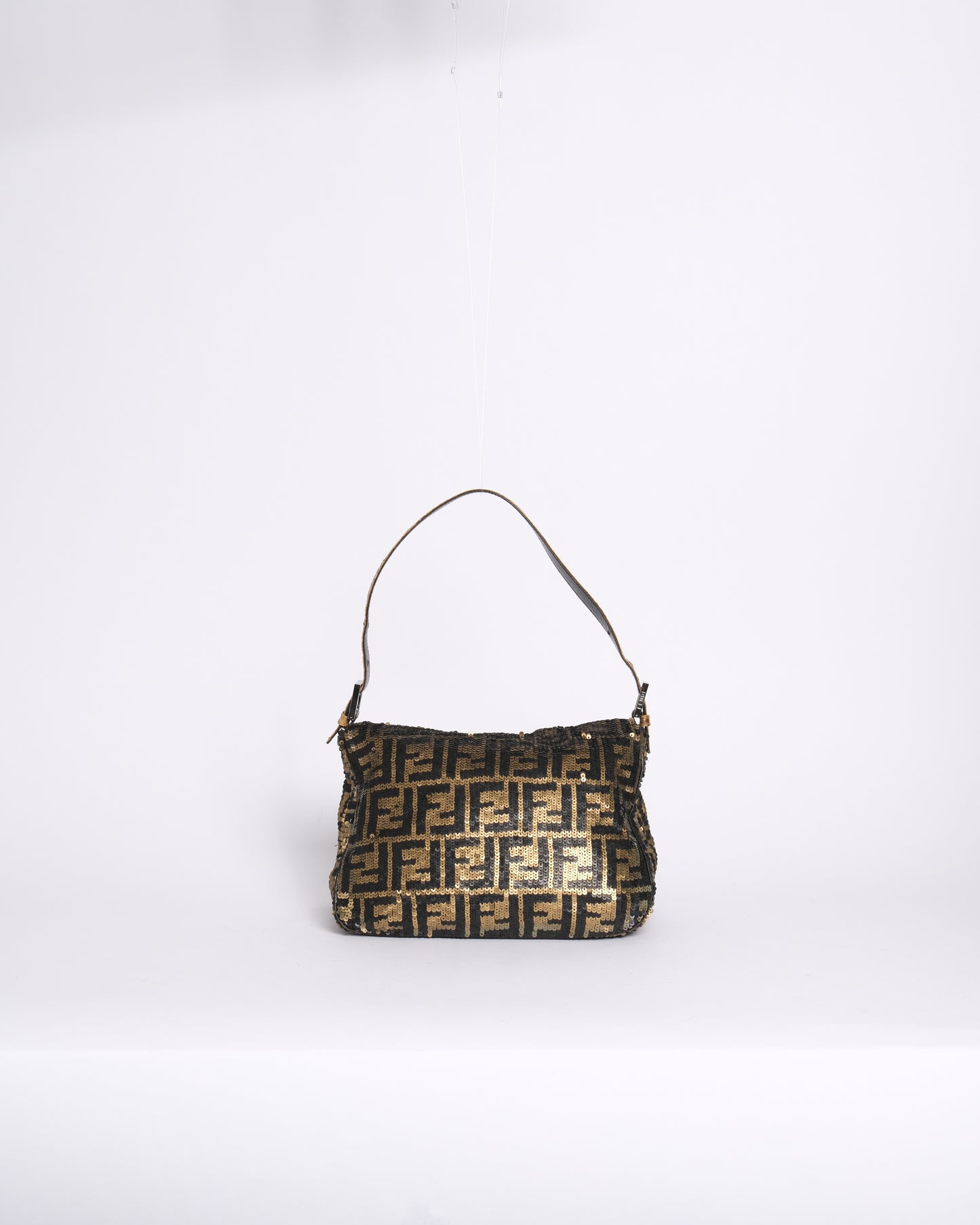 RARE Fendi Black & Gold Sequin Zucca Rounded Mamma Baguette Shoulder Bag