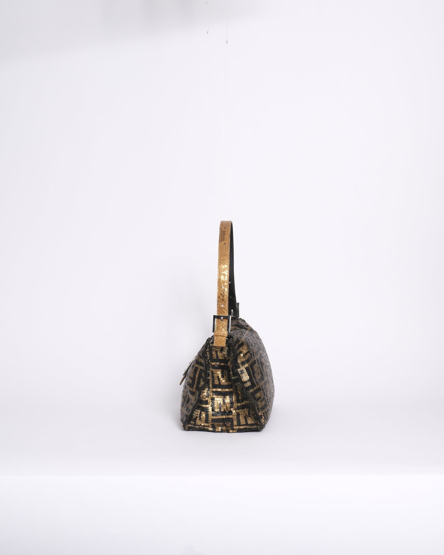 RARE Fendi Black & Gold Sequin Zucca Rounded Mamma Baguette Shoulder Bag