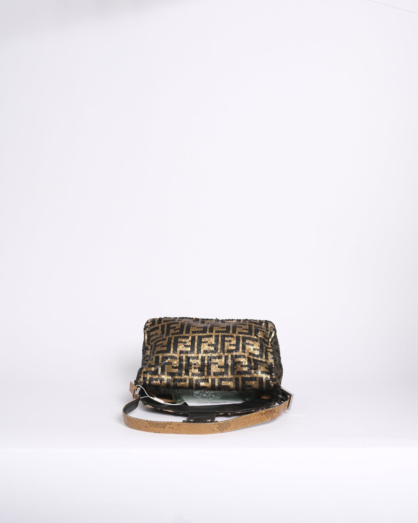 RARE Fendi Black & Gold Sequin Zucca Rounded Mamma Baguette Shoulder Bag