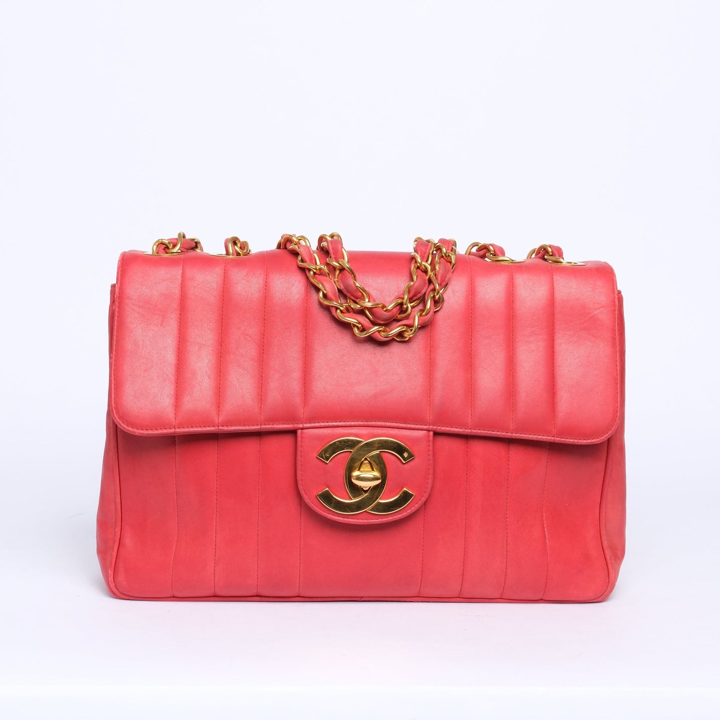 Chanel Red Lambskin Leather Vertical Quilted Jumbo Flap GHW