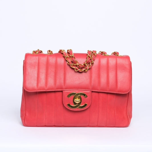 Chanel Red Lambskin Leather Vertical Quilted Jumbo Flap GHW