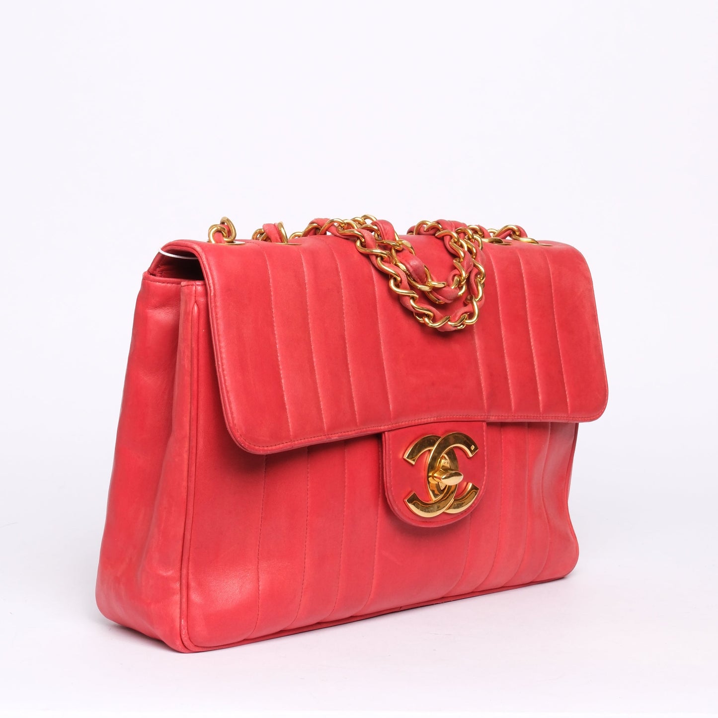 Chanel Red Lambskin Leather Vertical Quilted Jumbo Flap GHW