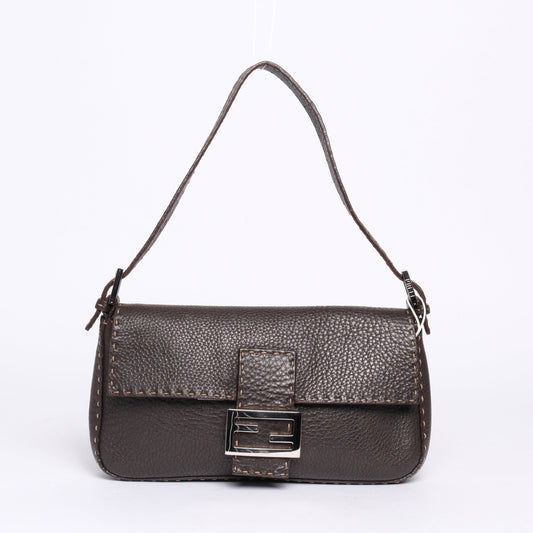 Fendi Brown Leather Selleria Baguette Shoulder Bag SHW