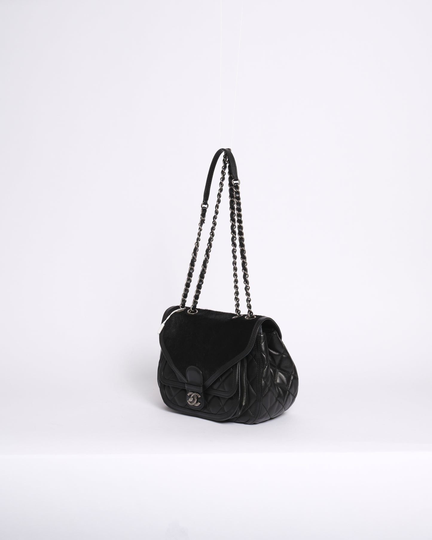 Chanel Black Lambskin Leather & Pony Hair Quilted Paris-Salzburg Saddle Bag