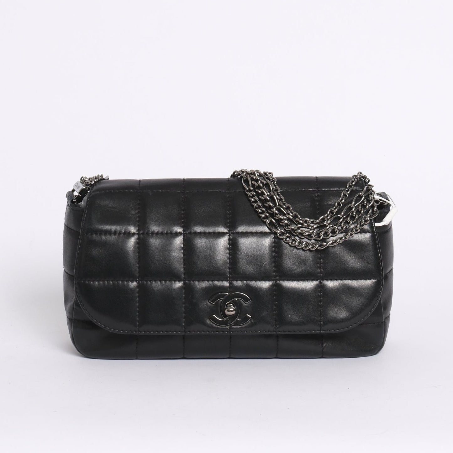 Chanel Black Lambskin Leather Chocolate Bar 4 Chain Flap