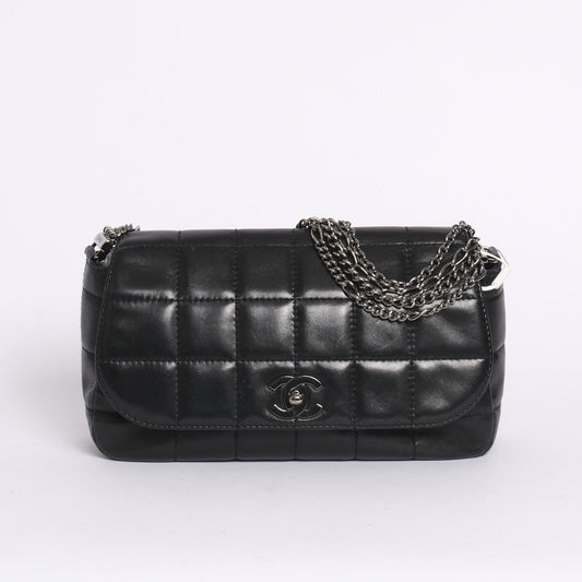 Chanel Black Lambskin Leather Chocolate Bar 4 Chain Flap