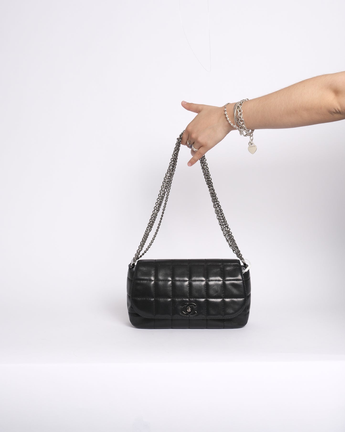 Chanel Black Lambskin Leather Chocolate Bar 4 Chain Flap