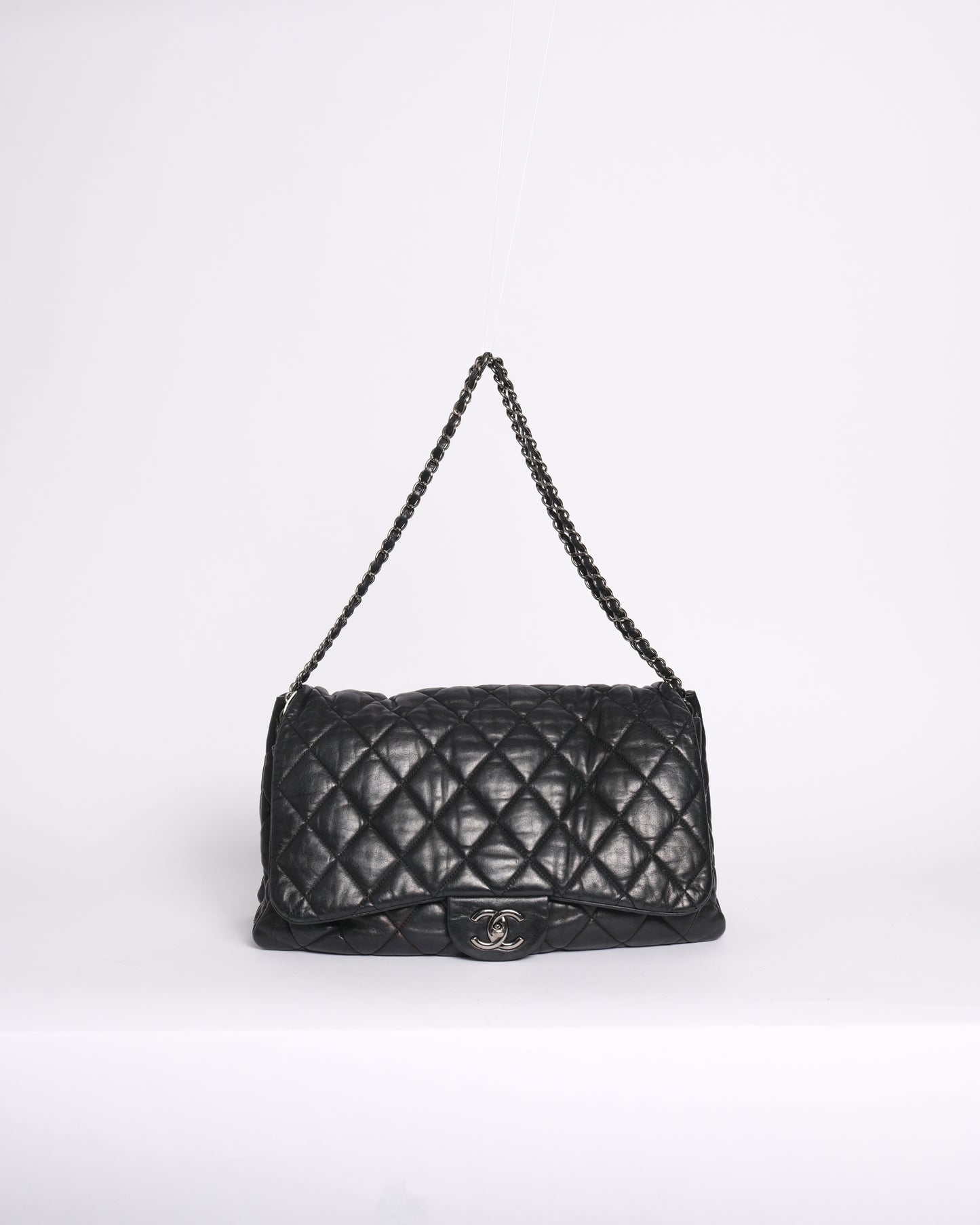 Chanel Black Calfskin Leather Bubble Quilted Accordion Flap SHW