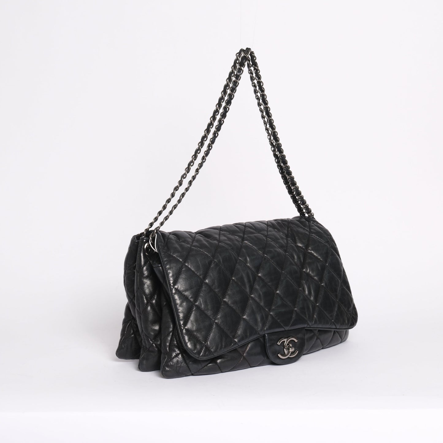 Chanel Black Calfskin Leather Bubble Quilted Accordion Flap SHW