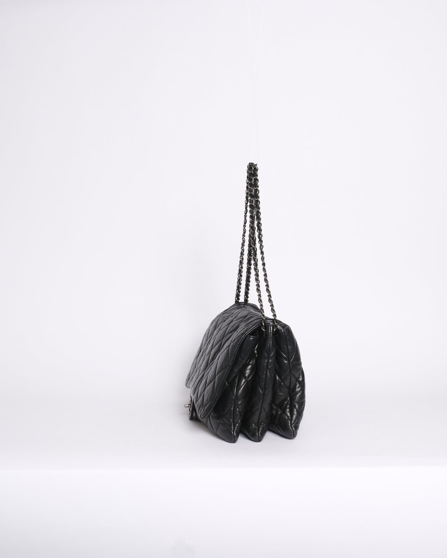 Chanel Black Calfskin Leather Bubble Quilted Accordion Flap SHW