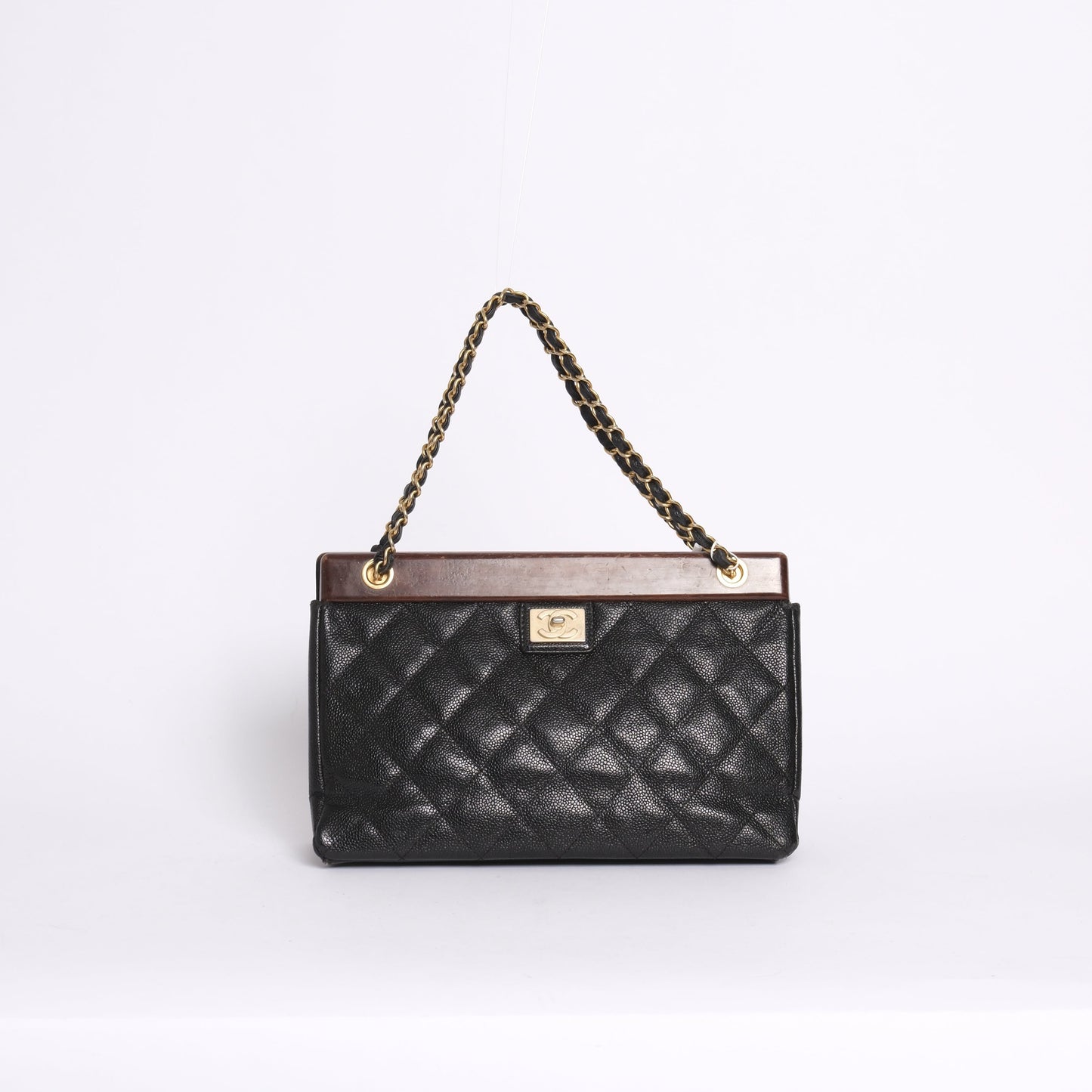 RARE Chanel 1995 Black Caviar Leather Quilted Wood Trim Chain Shoulder Bag