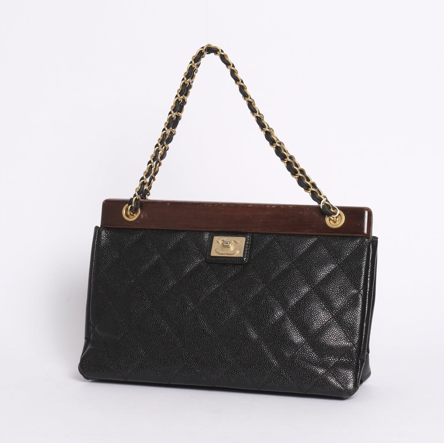 RARE Chanel 1995 Black Caviar Leather Quilted Wood Trim Chain Shoulder Bag