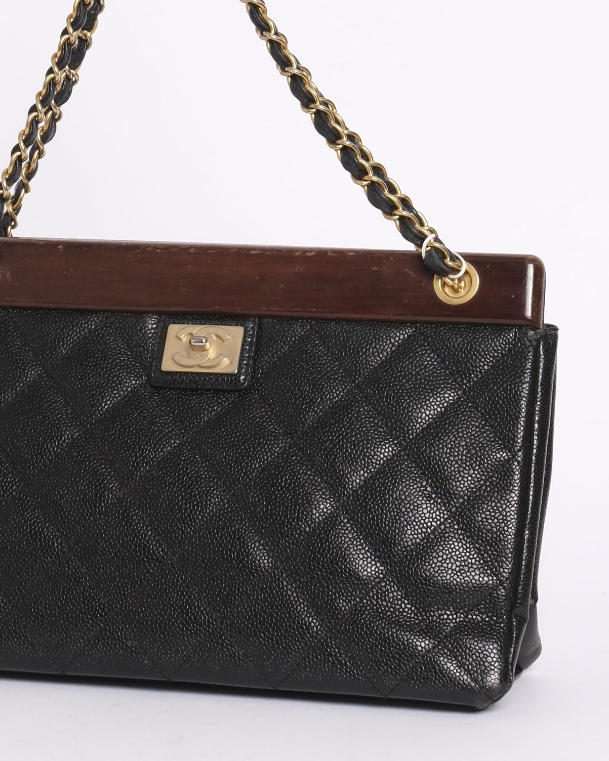 RARE Chanel 1995 Black Caviar Leather Quilted Wood Trim Chain Shoulder Bag