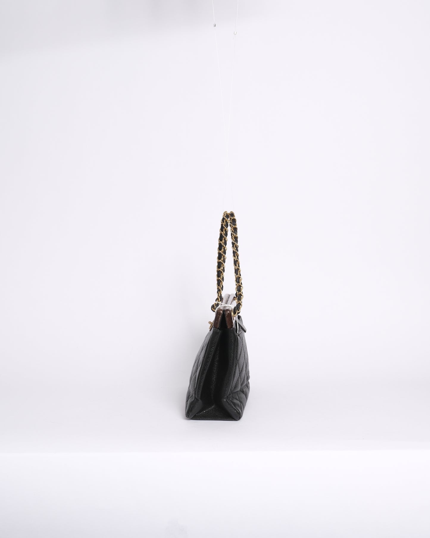 RARE Chanel 1995 Black Caviar Leather Quilted Wood Trim Chain Shoulder Bag