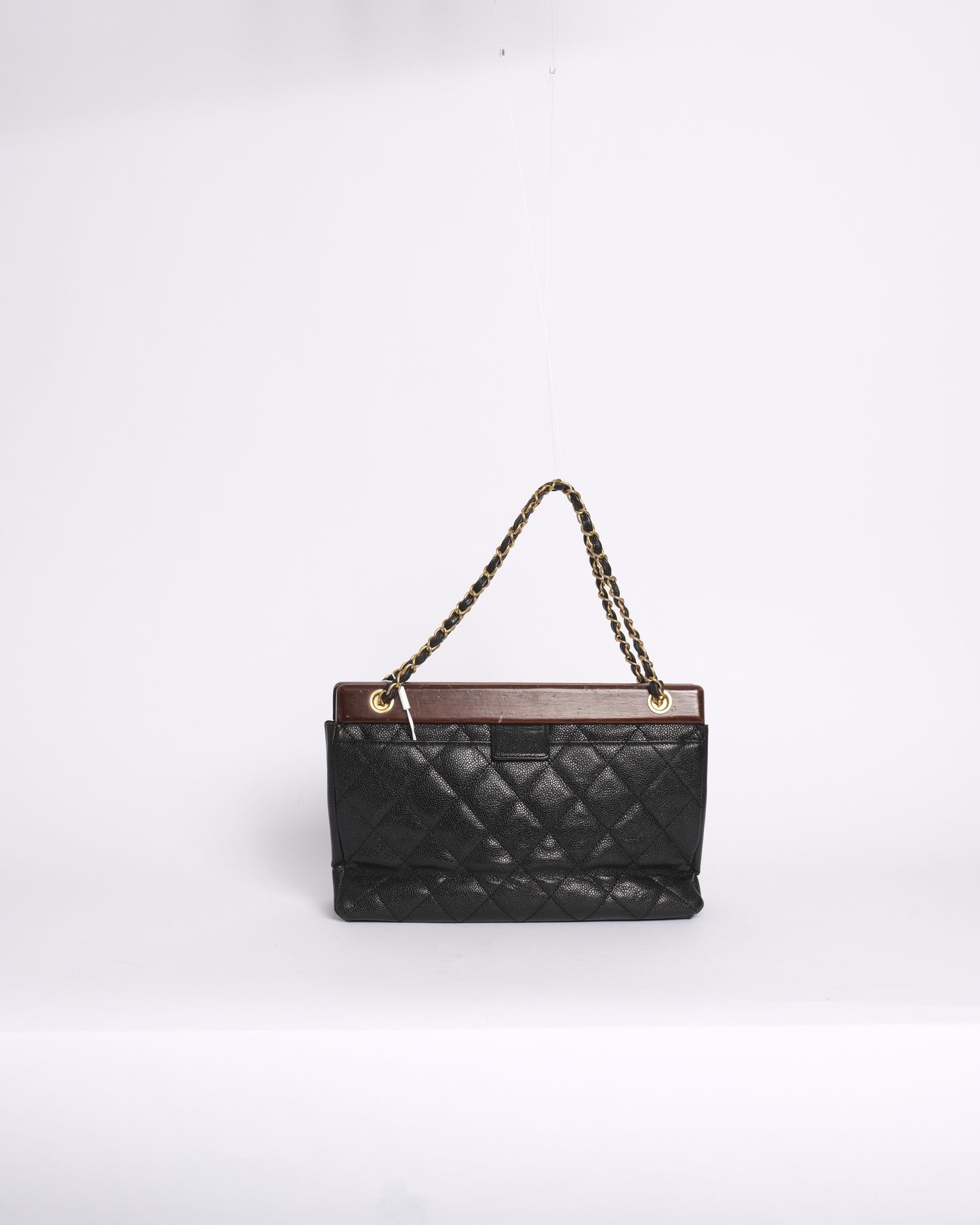 RARE Chanel 1995 Black Caviar Leather Quilted Wood Trim Chain Shoulder Bag