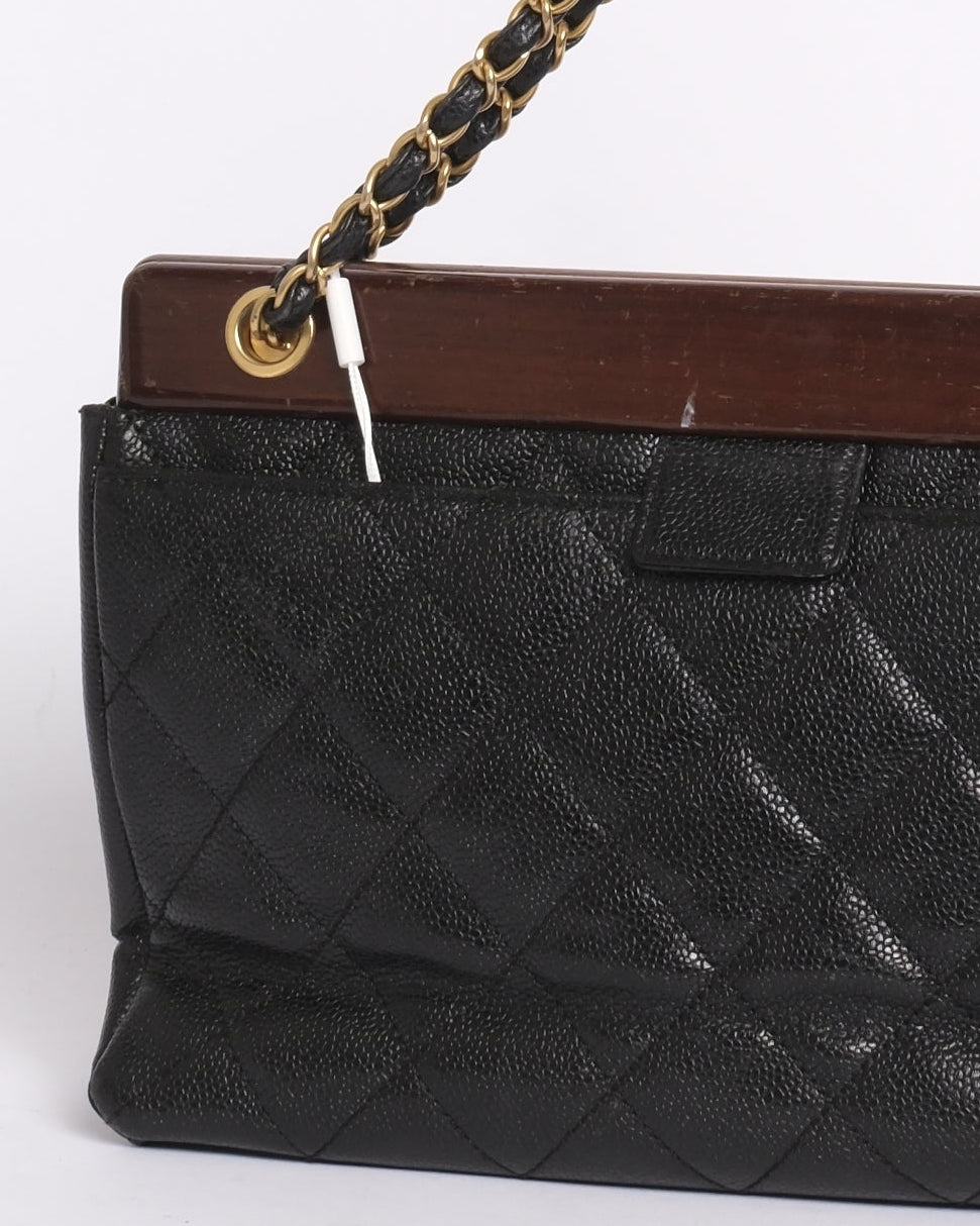 RARE Chanel 1995 Black Caviar Leather Quilted Wood Trim Chain Shoulder Bag